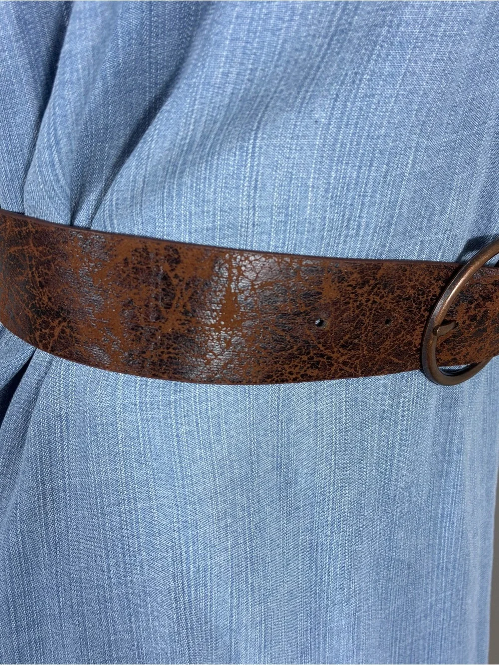 Womens belt 36” long distressed faux leather brown double ring buckle